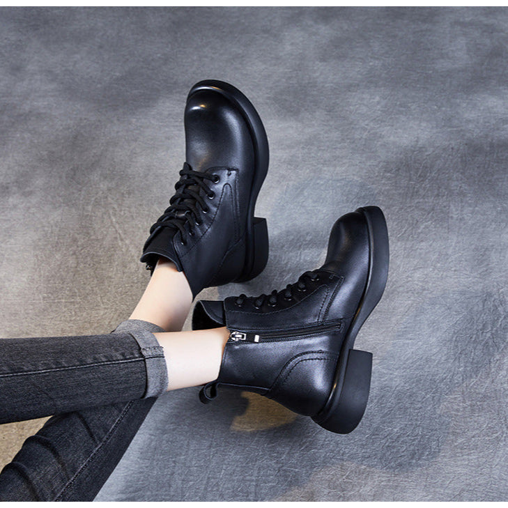 Women's Genuine Leather Lace-Up Side Zip Ankle Boots – Casual & Versatile