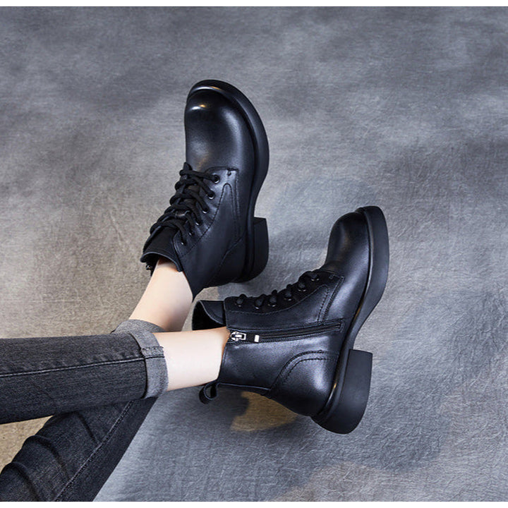 Women's Genuine Leather Lace-Up Side Zip Ankle Boots – Casual & Versatile