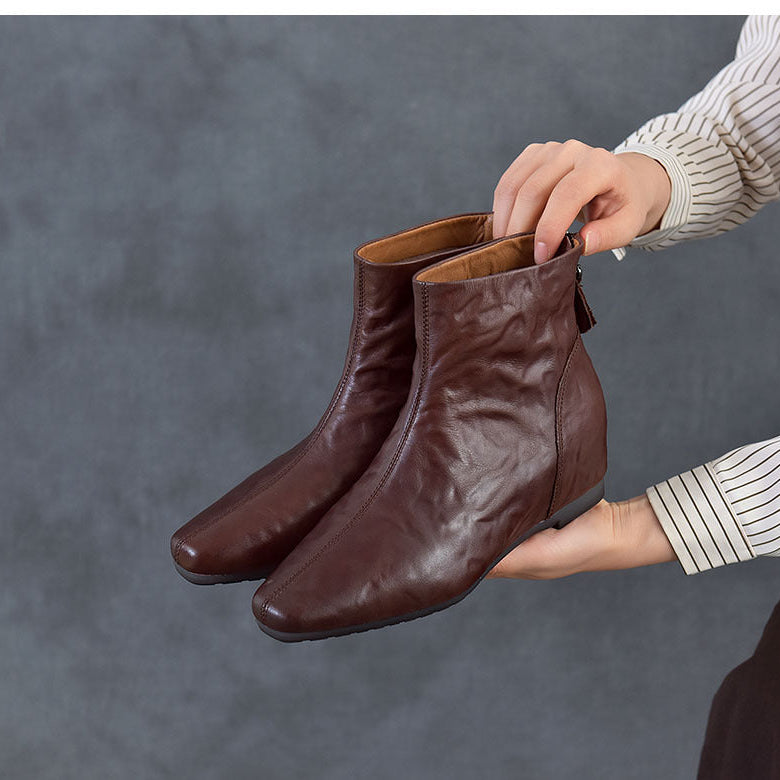 Women's Pointed Toe Top-Grain Leather Wedge Ankle Boots Mid Heel Back Zipper Booties
