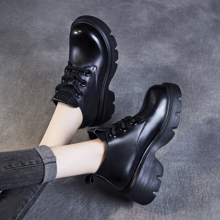 Women's Retro Genuine Leather Platform Lace-Up Chunky Boots