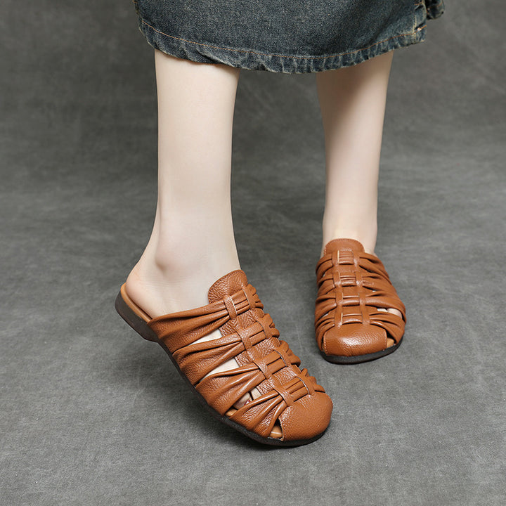 Women's Soft Leather Mules - Ruched Woven Closed Toe Flat Sandals Casual Slip-On Slide Slippers