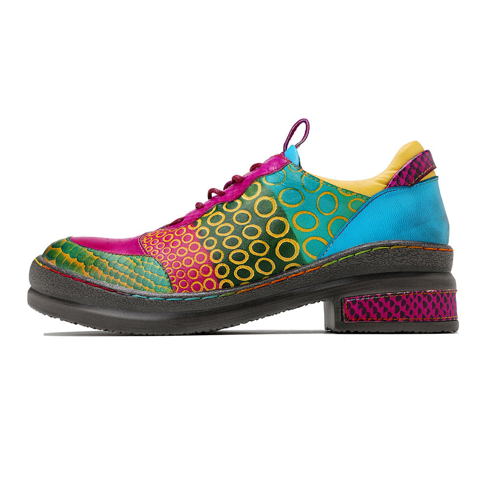 Dopamine Style Vibrant Leather Flats for Women - Artsy Geometric Print Lace-up Casual Shoes