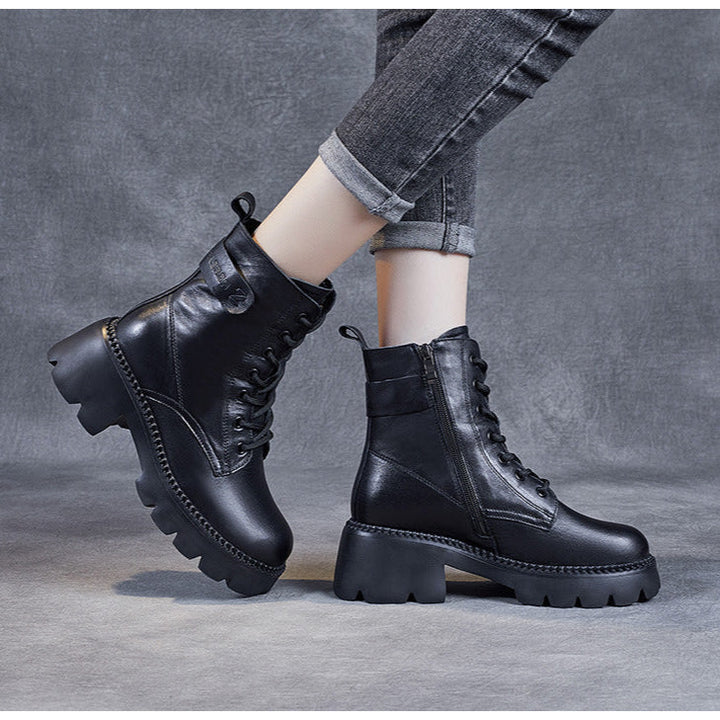 Women's Genuine Leather Combat Boots – Platform Chunky Heel with Side Zipper