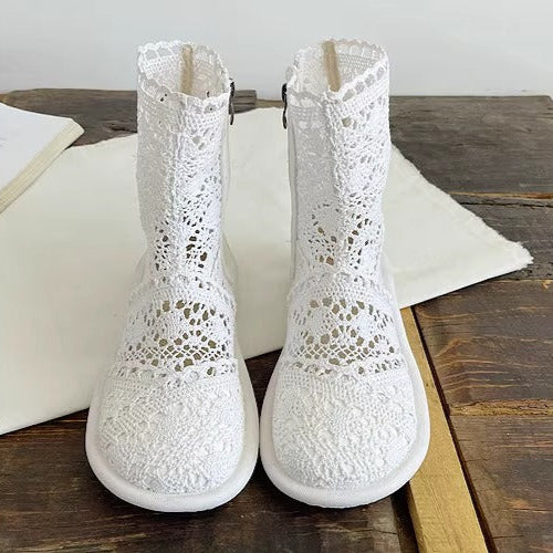 Women's Summer Literary Style Lace Side Zipper Wide Toe Box Short Boots