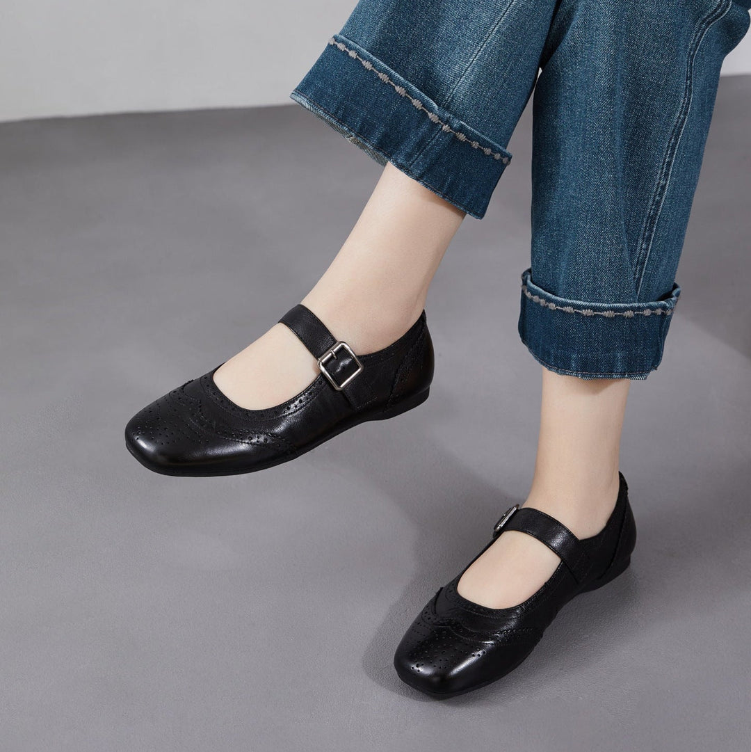 Women's Vintage British Style Leather Mary Janes - Hand-Punched Brogue Details - Soft Walking Shoes