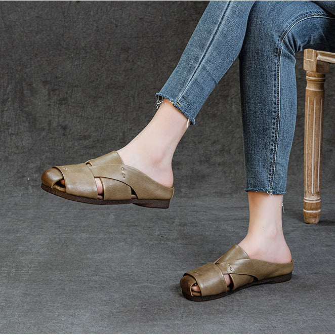 Women's Crisscross Woven Leather Mules Vintage Cutout Platform Slippers Barefoot-Friendly