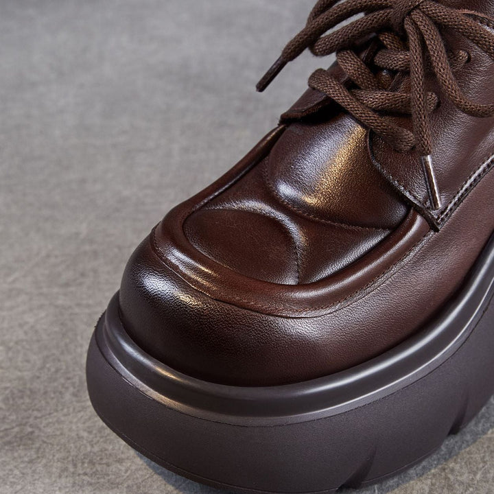 Women's Platform Genuine Leather Oxfords High Chunky Heel Lace Up Casual Shoes