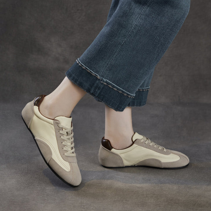 Women's Genuine Leather Retro Sneakers Vintage Lace-up Round Toe Flat Walking Shoes