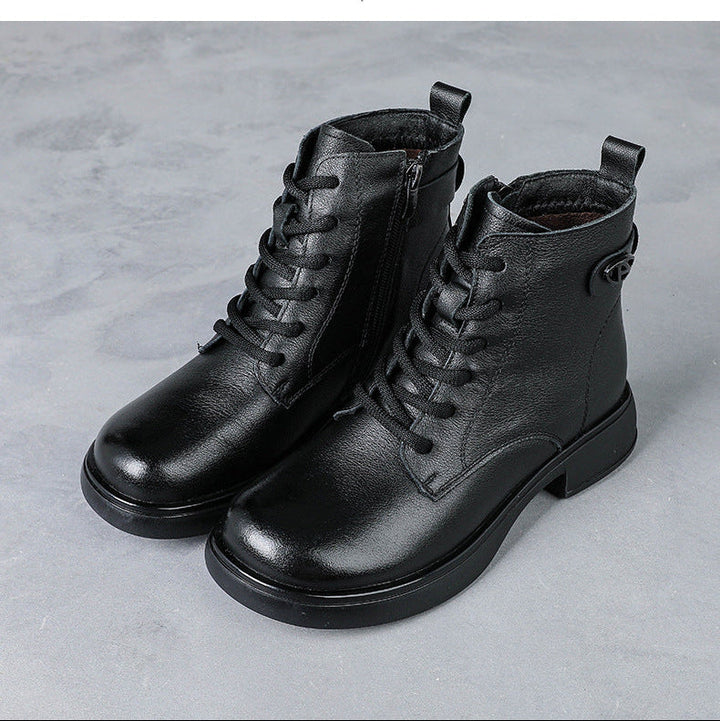 Women’s British Style Leather Lace-Up Ankle Boots – Retro Block Heel Boots