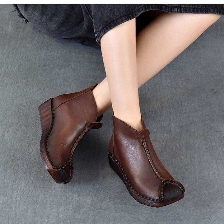 Women's Leather Ankle Boots - Vintage Wedge Low Heel Booties, Zipper Round Toe Stitching Fall Winter Shoes