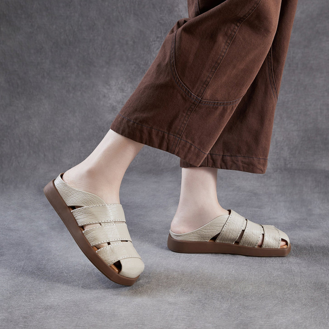Women's Leather Mules - Multi-Strap Woven Closed Flat Sandals Casual Summer Slip-On Slides