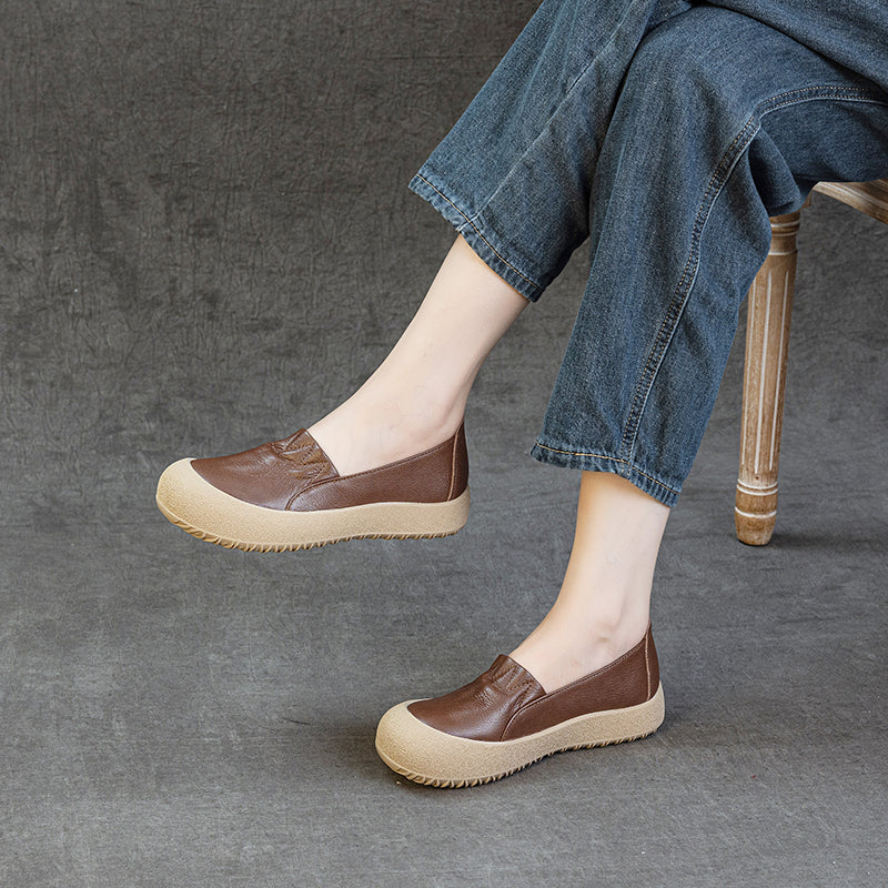 Womens Casual Leather Slip-on Loafers Closed Toe Platform Walking Shoes Anti-Collision