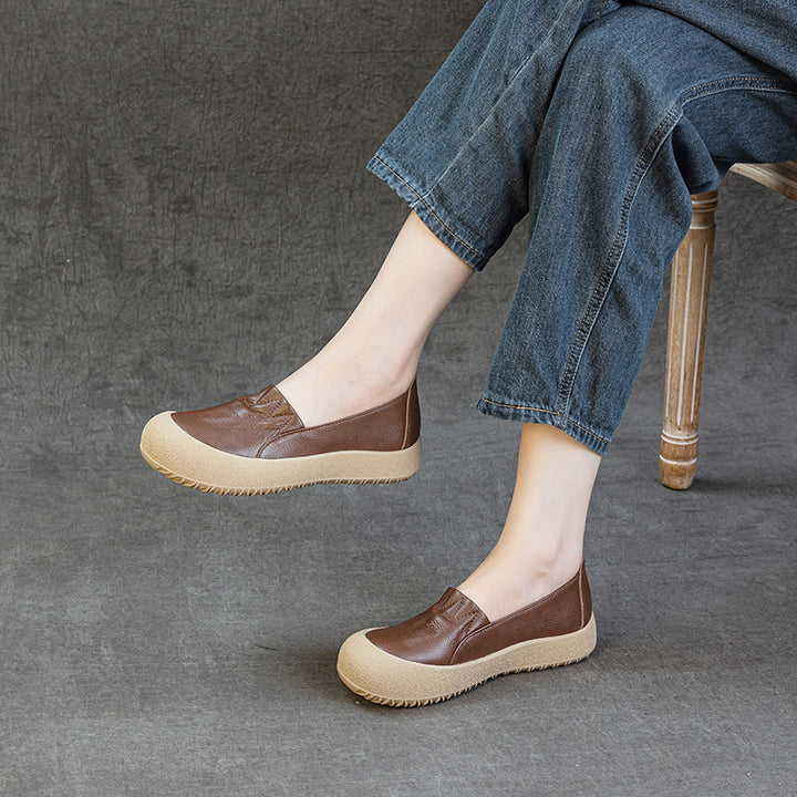 Womens Casual Leather Slip-on Loafers Closed Toe Platform Walking Shoes Anti-Collision