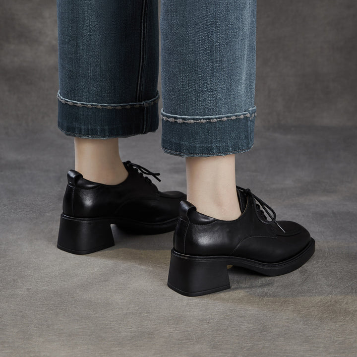 Women's Top-Grain Leather Oxford Shoes Chunky High Heel Lace Up Platform Pumps