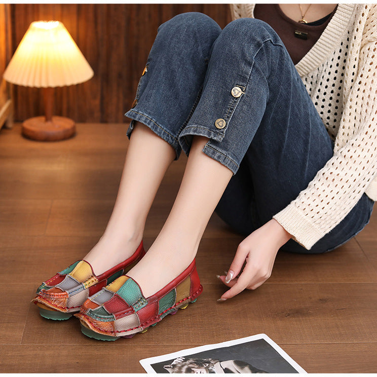 Women‘s Retro Cowhide Loafers Vintage Round Toe Patchwork Slip-on Driving Flats