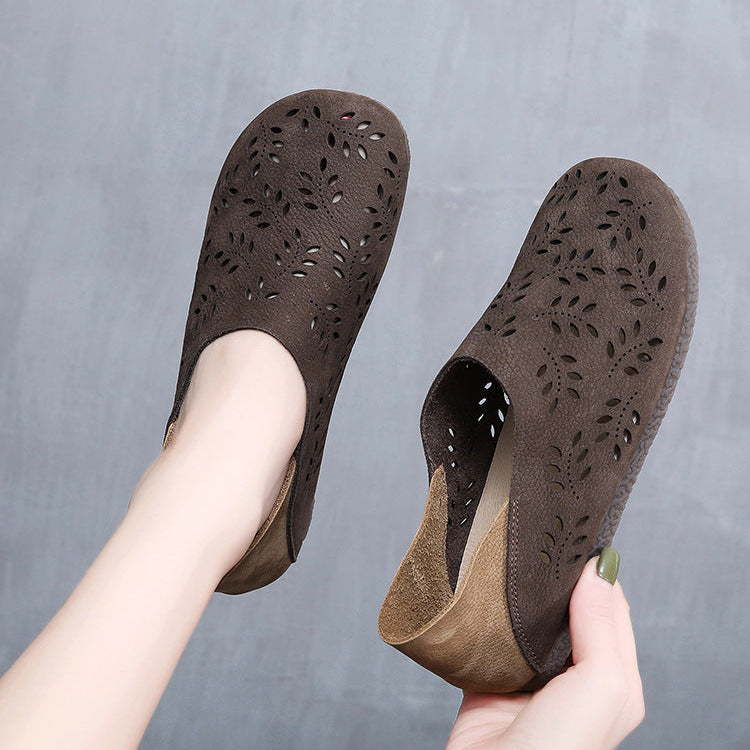 Women's Leather Loafers - Cut-Out Leaf Perforated Flat Sandals Casual Slip-On Summer Shoes