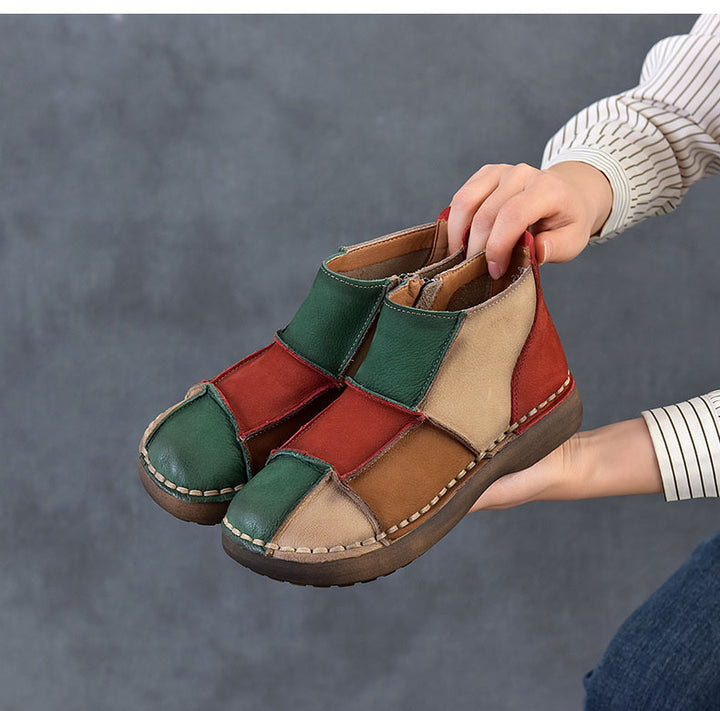 Women's Vintage Patchwork Leather Ankle Boots Hand-Stitched Flat Booties Zipper