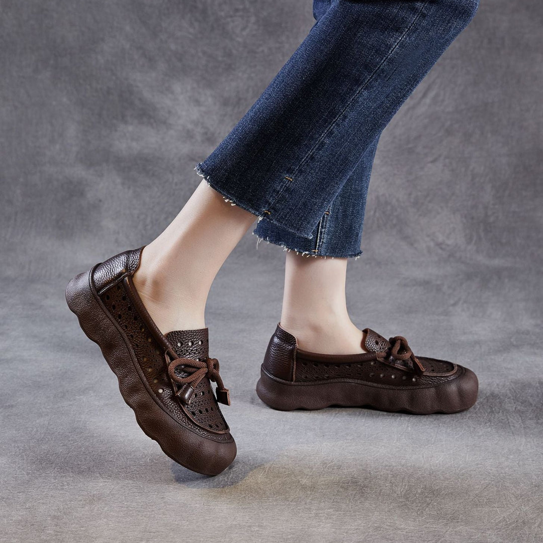 Women's Leather Slip-On Sandals — Thick Sole with Cutout Design, Breathable