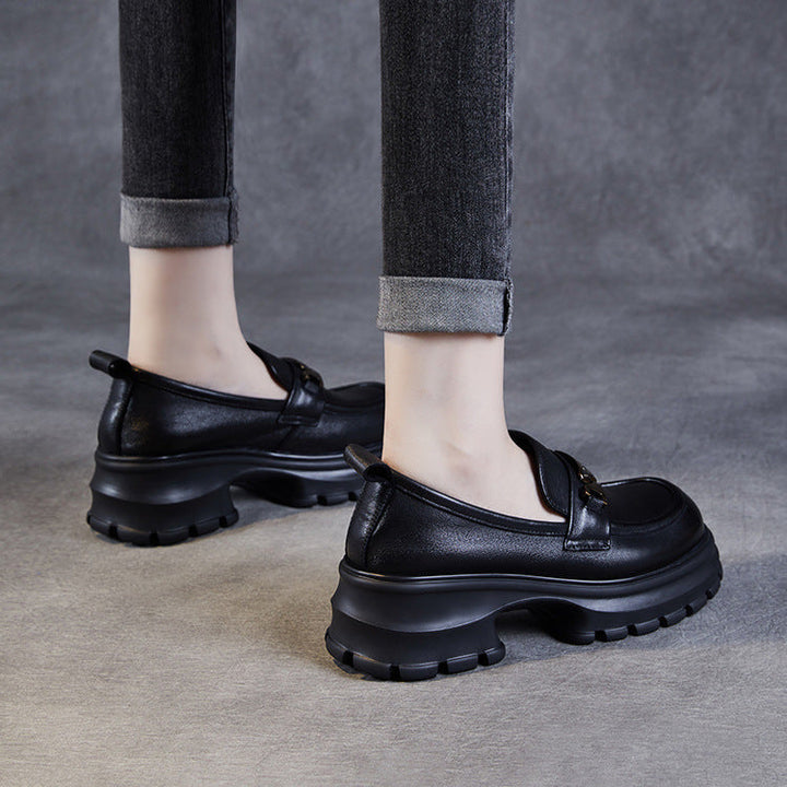 Women's Genuine Leather Platform Loafers - Chunky Heel with Metallic Hardware Details