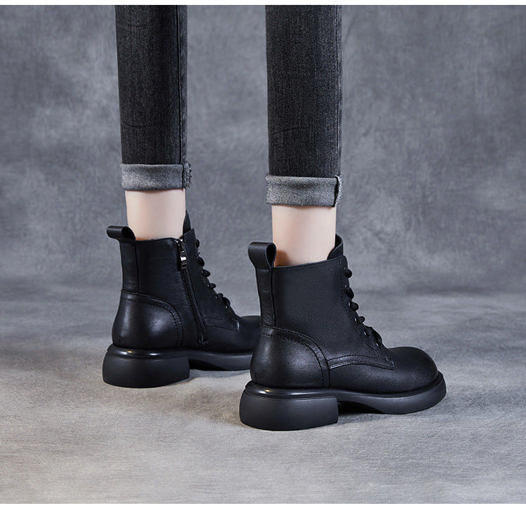 Women's Genuine Leather Lace-Up Side Zip Ankle Boots – Casual & Versatile