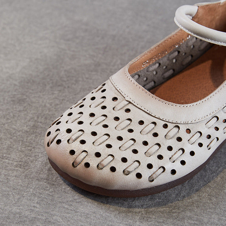 Women's Leather Mary Jane Sandals - Vintage Perforated Cut-Out Closed Round Toe Flat Shoes with Velcro
