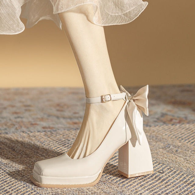 Wedding Shoes Square Toe Bow Accent Mary Jane Pumps