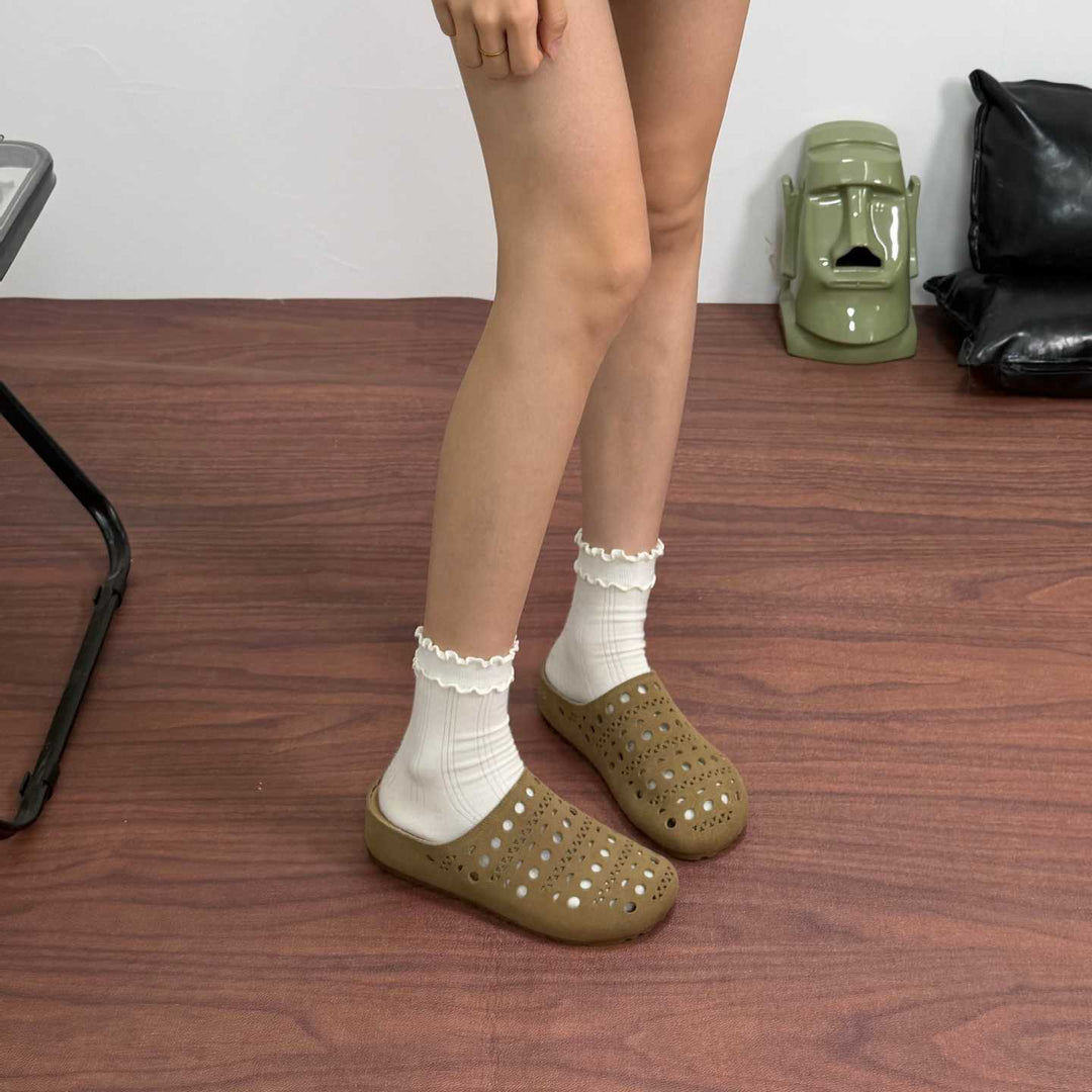 Women's Platform Leather Clogs Perforated Hollow-Out Mules Barefoot-Friendly Slippers