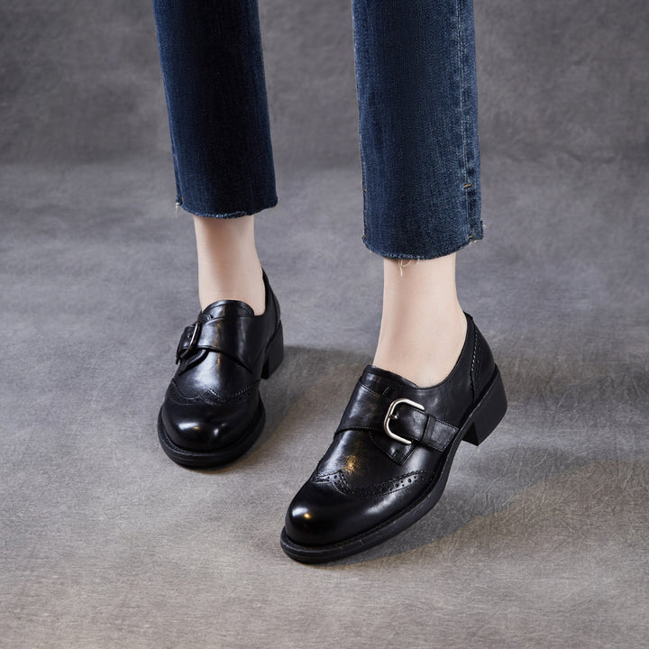 Women's Retro Leather Monk Strap Shoes Vintage Round Toe Brogue Chunky Heels