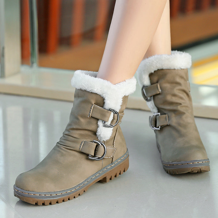 Womens Snow Boots Flats Fur Warm Winter Buckle Slip on Shoes