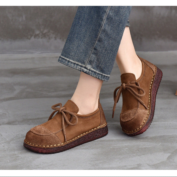 Women's Leather Lace-Up Flat Shoes – Comfortable Patchwork Casual Style
