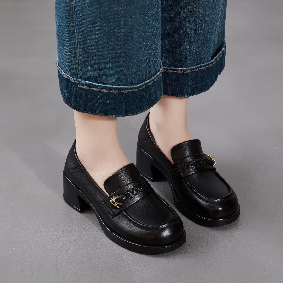 Women's Retro Sheepskin Loafers Vintage Round Toe Woven Strap Chunky Heels