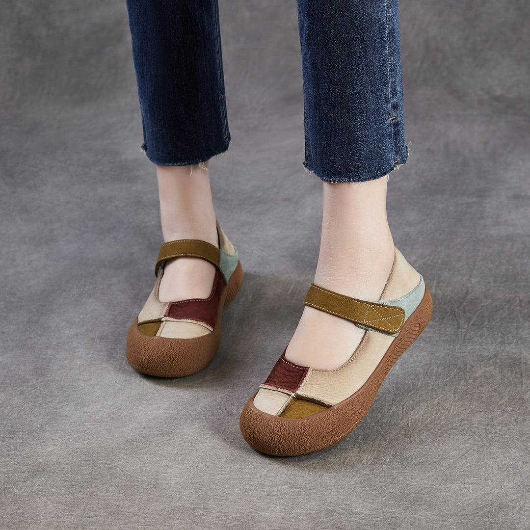 Women’s Leather Colour-Block Mary Jane Flats – Retro Soft Sole Shoes