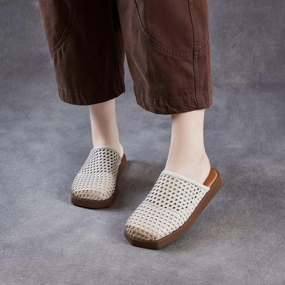 Women's Square Toe Woven Mules Genuine Leather Platform Slippers Barefoot-Friendly