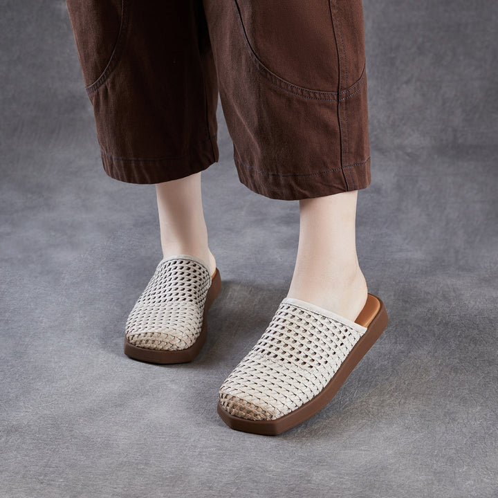 Women's Square Toe Woven Mules Genuine Leather Platform Slippers Barefoot-Friendly