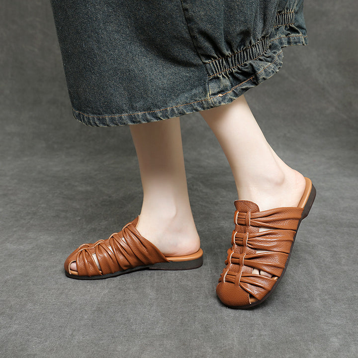 Women's Soft Leather Mules - Ruched Woven Closed Toe Flat Sandals Casual Slip-On Slide Slippers