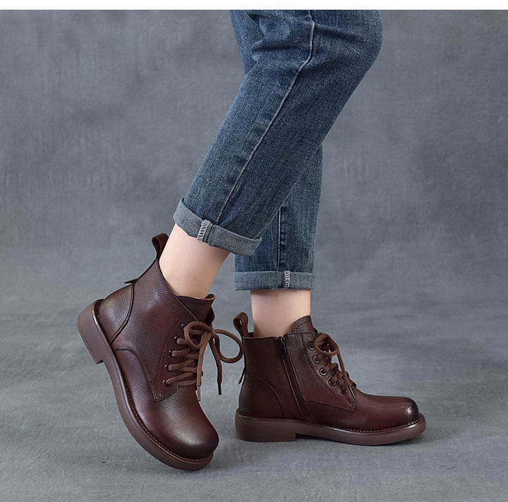 Women's Vintage Leather Ankle Boots Zipper Lace Up Flat Combat Booties