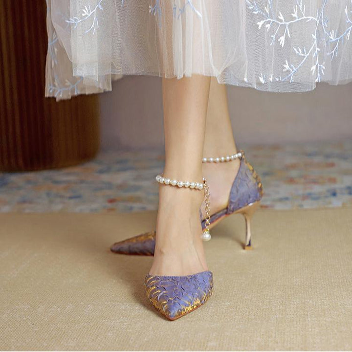 Women's Pearl Wedding Shoes for Bride High Heels Pointed Toe Satin Pumps