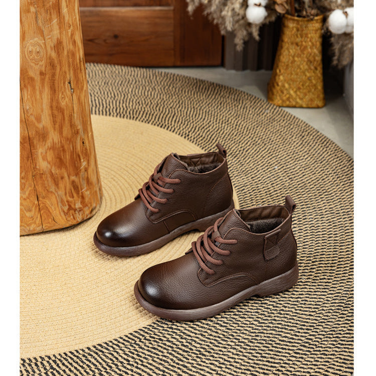 Women's Leather Ankle Boots - Vintage Round Toe Lace-Up Side Zipper Oxford Booties Comfort Walking Shoes