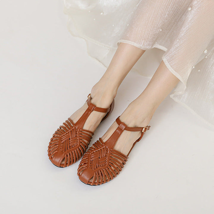 Women's Retro Gladiator Sandals T-Strap Woven Mary Jane Summer Lightweight Flats