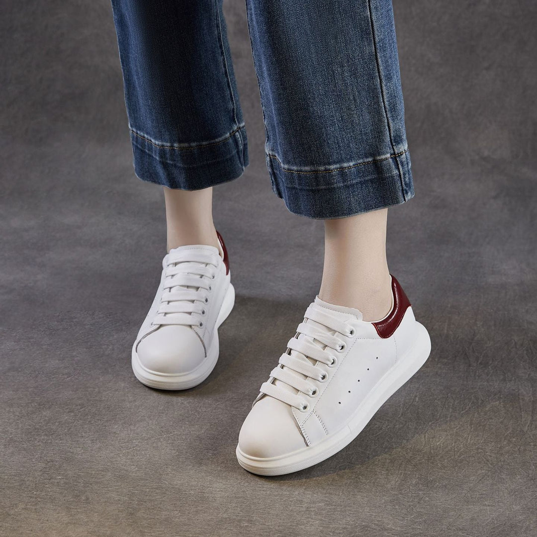 Women's Leather Casual Sneakers Spring Fall Round Toe Lace-up Platform Shoes