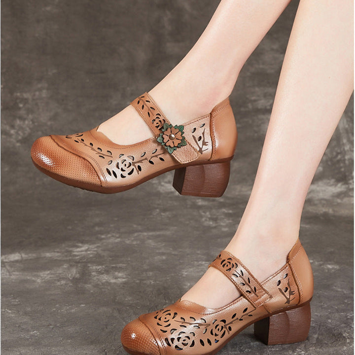 Women's Shoes Retro Summer Leather Sandals Hollowed Out Chunky Heeled