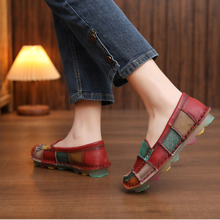 Women‘s Retro Cowhide Loafers Vintage Round Toe Patchwork Slip-on Driving Flats