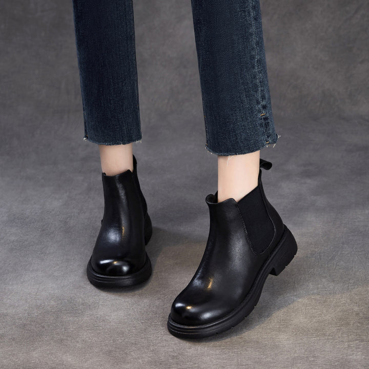 Women's Genuine Leather Chelsea Ankle Boots Vintage Slip-on Low Heel Winter Shoes