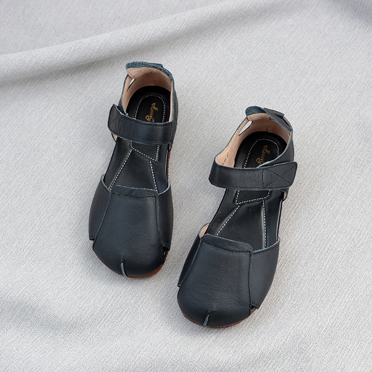 Women's Soft Leather Closed-Toe Velcro Sandals – Comfortable Flat Style