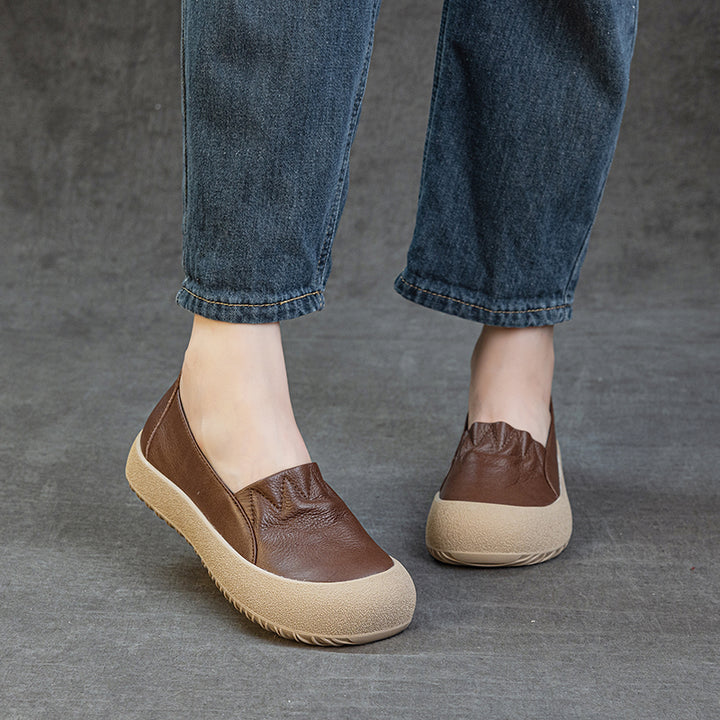 Womens Casual Leather Slip-on Loafers Closed Toe Platform Walking Shoes Anti-Collision