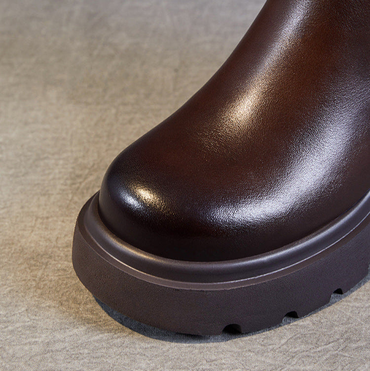 Women's Stylish Genuine Leather Platform Boots – Chunky Heel, Buckle & Side Zip