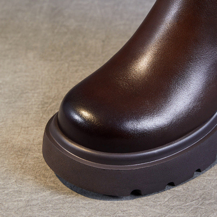 Women's Stylish Genuine Leather Platform Boots – Chunky Heel, Buckle & Side Zip