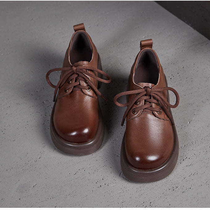 Women's Retro Leather Oxford Shoes Vintage Round Toe Platform Lace-up Chunky Heels