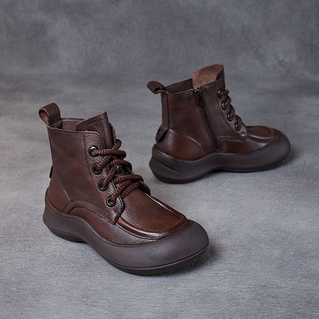 Women's Leather Platform Boots – Comfortable Casual Lace-Up Ankle Shoes