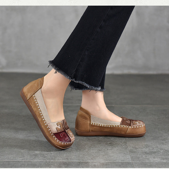 Women’s Retro Handmade Leather Colour-Block Flats – Round Square Toe Soft Sole Shoes
